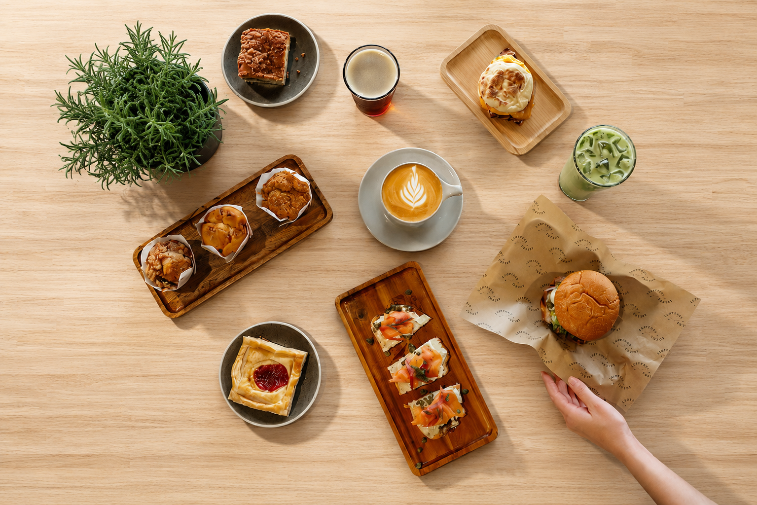 A hand reaches for a burger on a table set with pastries, open-faced sandwiches, drinks, and a small potted plant—evoking the inviting vibe of a coffee shop like Lamppost Coffee—all arranged on a light wooden surface. - Lamppost Coffee