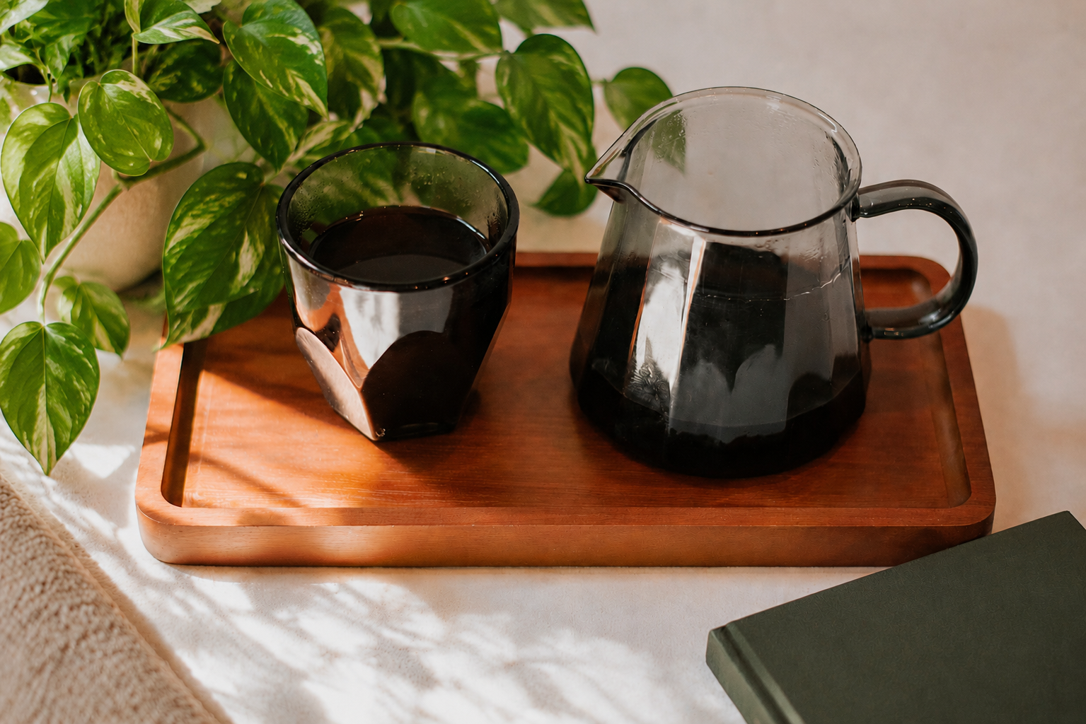 A glass cup and a glass pitcher of black coffee sit on a wooden tray beside a green plant and a closed dark green book—perfect inspiration for cozy mornings or enjoying your coffee subscriptions. - Lamppost Coffee